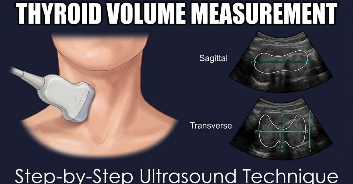 How to measure thyroid volume on ultrasound showing probe placement and sagittal transverse views