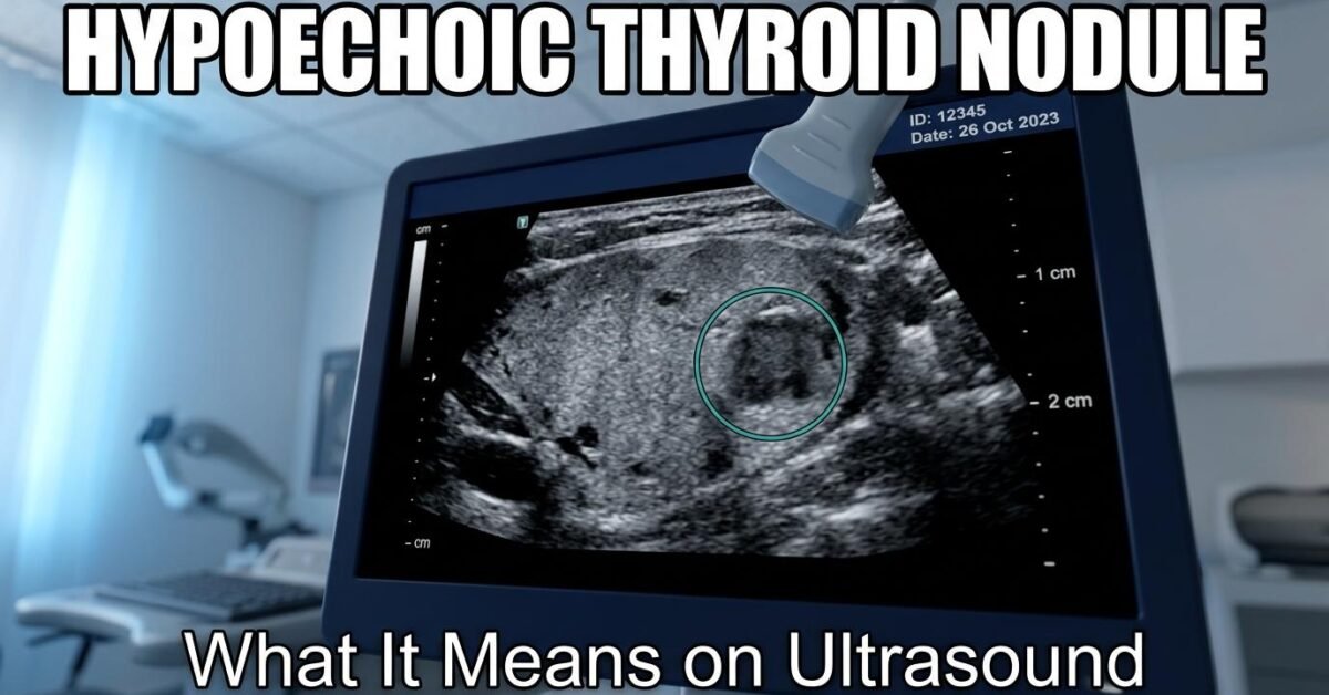 Hypoechoic thyroid nodule on ultrasound appearing darker than surrounding tissue