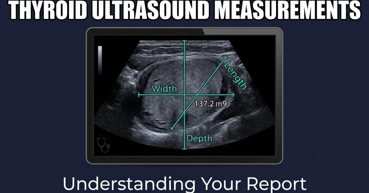 Thyroid ultrasound measurements showing length width and depth caliper placement on thyroid lobe
