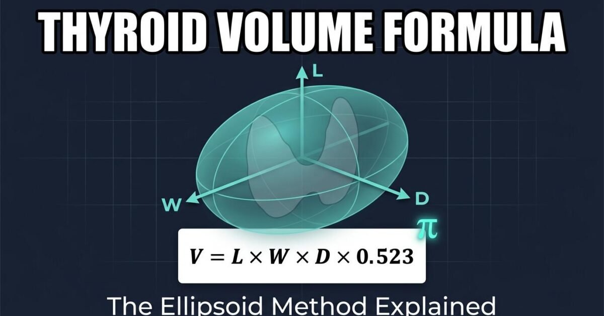 Thyroid volume ellipsoid formula V equals L times W times D times 0.523 explained