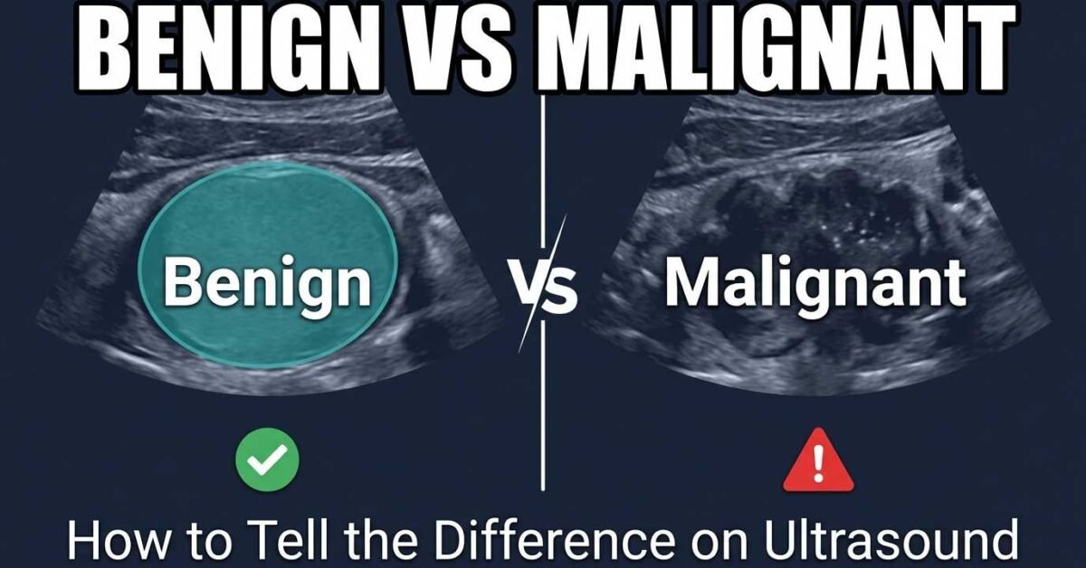 Benign vs malignant thyroid nodule comparison showing smooth benign nodule versus irregular malignant nodule on ultrasound