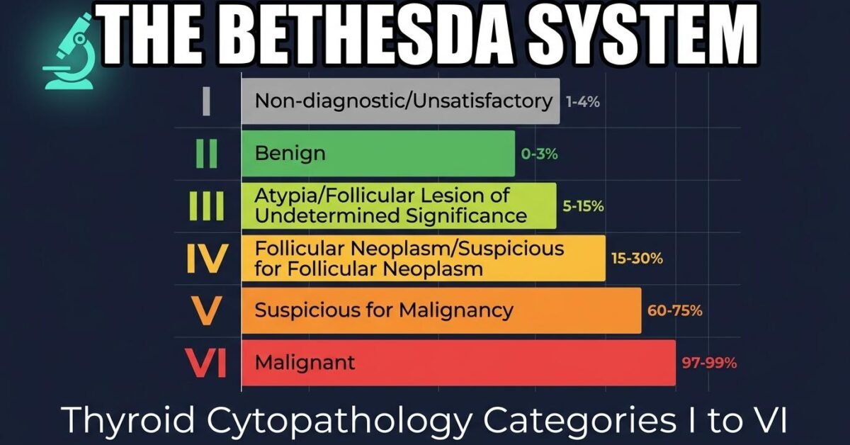 Bethesda System for thyroid cytopathology showing six categories with malignancy risk percentages