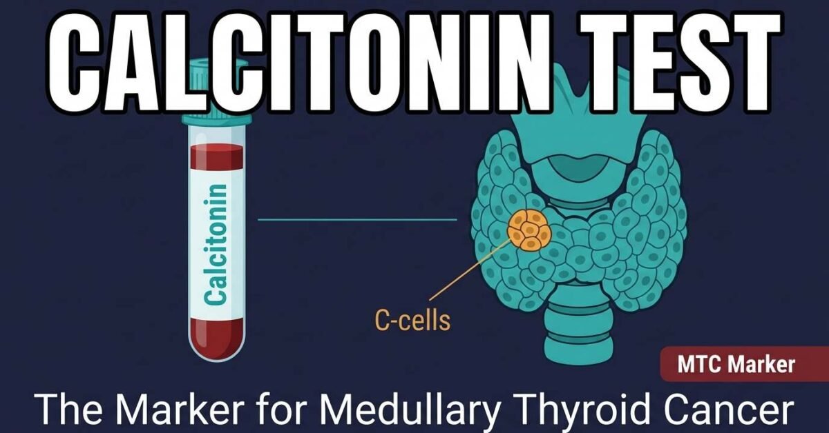 Calcitonin test thyroid showing C-cells in thyroid gland as source of calcitonin hormone marker