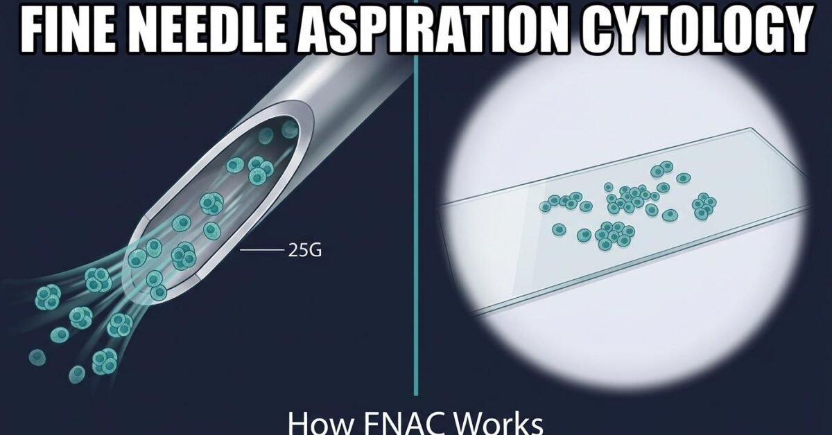 Fine needle aspiration cytology showing cells drawn through a fine gauge needle onto a microscope slide