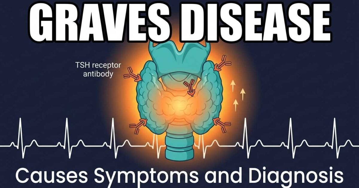 Graves disease overview showing overactive thyroid gland with TSH receptor antibodies and rapid heart rate