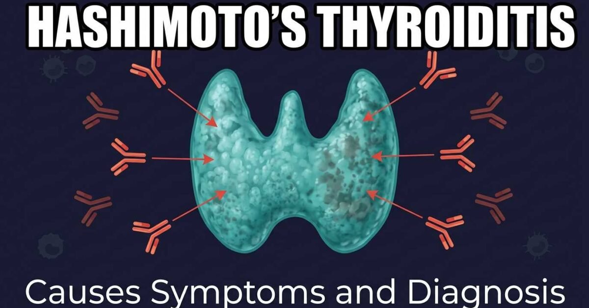 Hashimoto's thyroiditis explained showing autoimmune antibodies attacking the thyroid gland