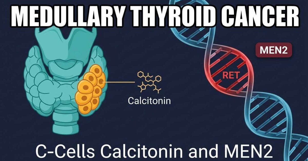 Medullary thyroid cancer overview showing C-cells calcitonin marker and RET gene mutation for MEN2