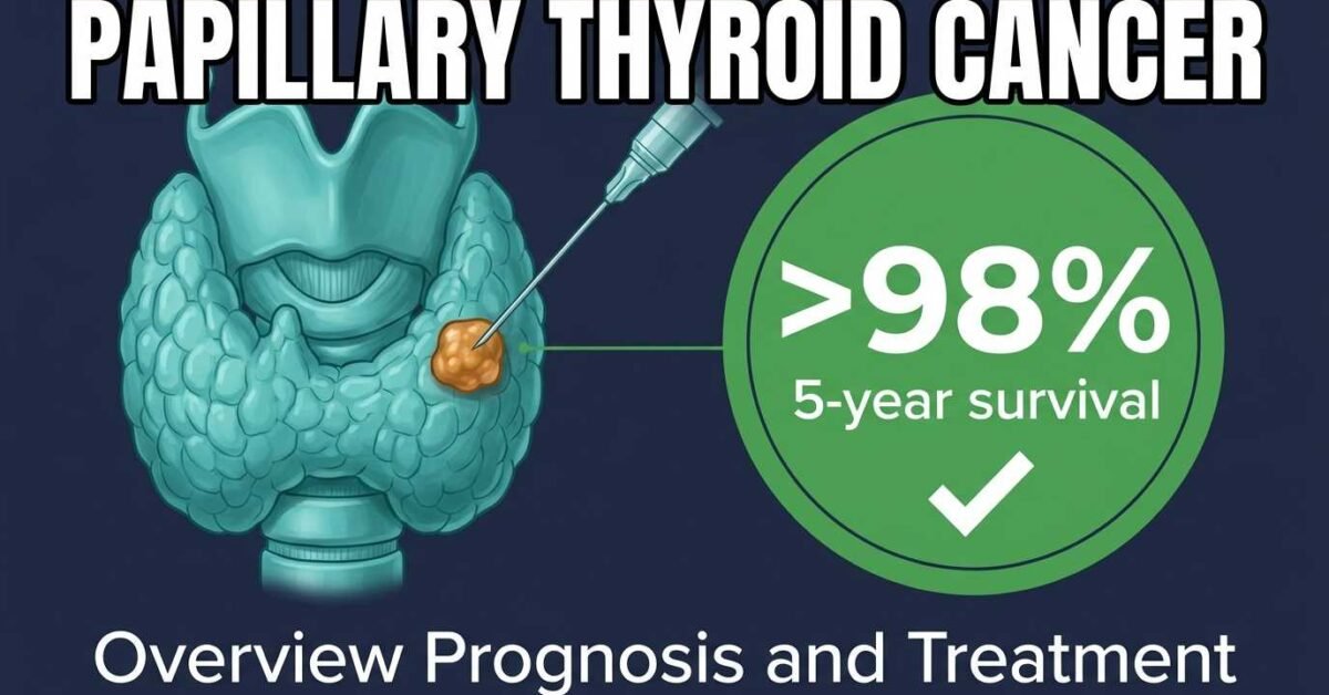 Papillary thyroid cancer overview showing thyroid nodule and greater than 98 percent five year survival rate