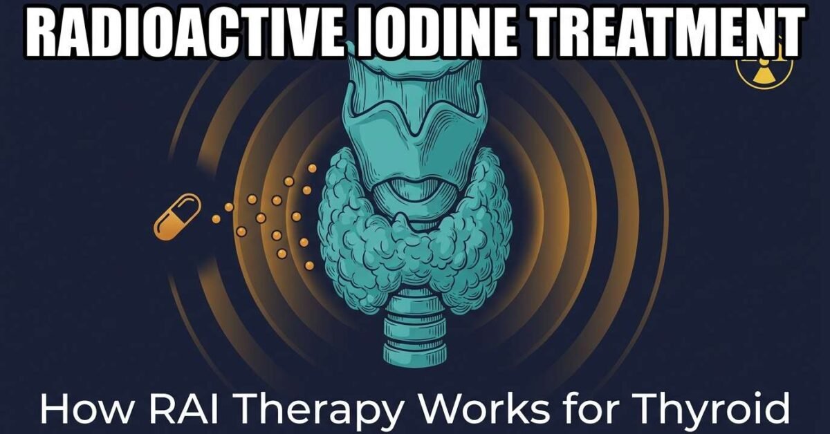 Radioactive iodine treatment for thyroid showing I-131 particles targeting thyroid gland tissue