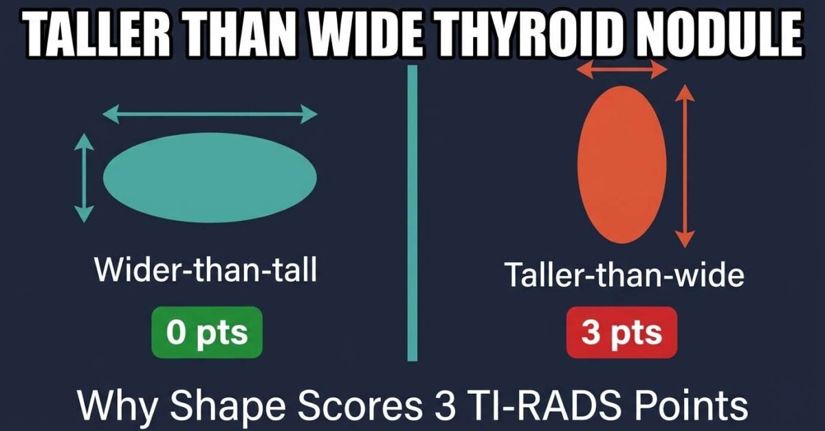 Taller than wide thyroid nodule versus wider than tall comparison showing TI-RADS shape scoring