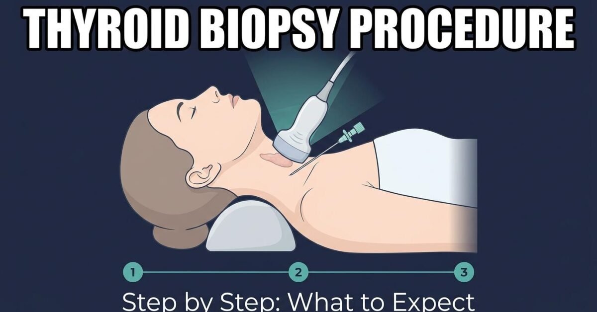 Thyroid biopsy procedure showing patient positioning with ultrasound probe and fine needle placement