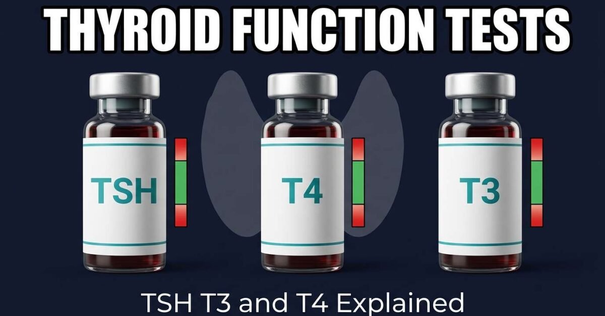 Thyroid function test TSH T3 T4 blood test vials with normal range indicators