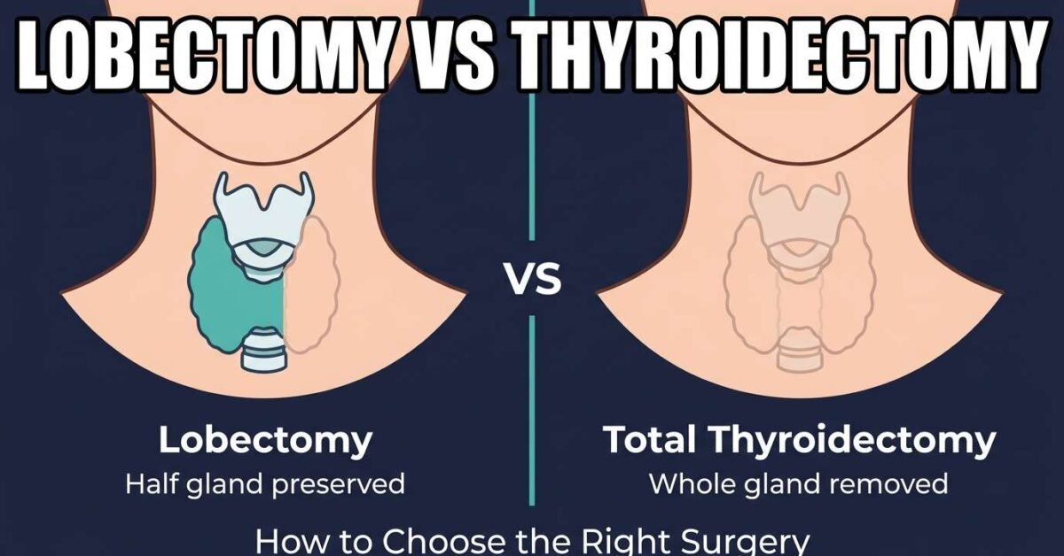 Thyroid lobectomy versus total thyroidectomy comparison showing partial versus complete gland removal