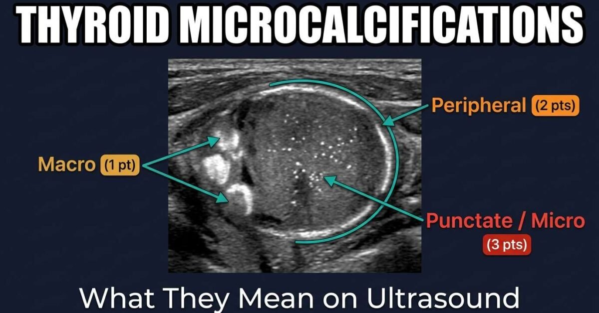 Thyroid microcalcifications meaning showing macrocalcifications peripheral calcifications and punctate echogenic foci with TI-RADS points