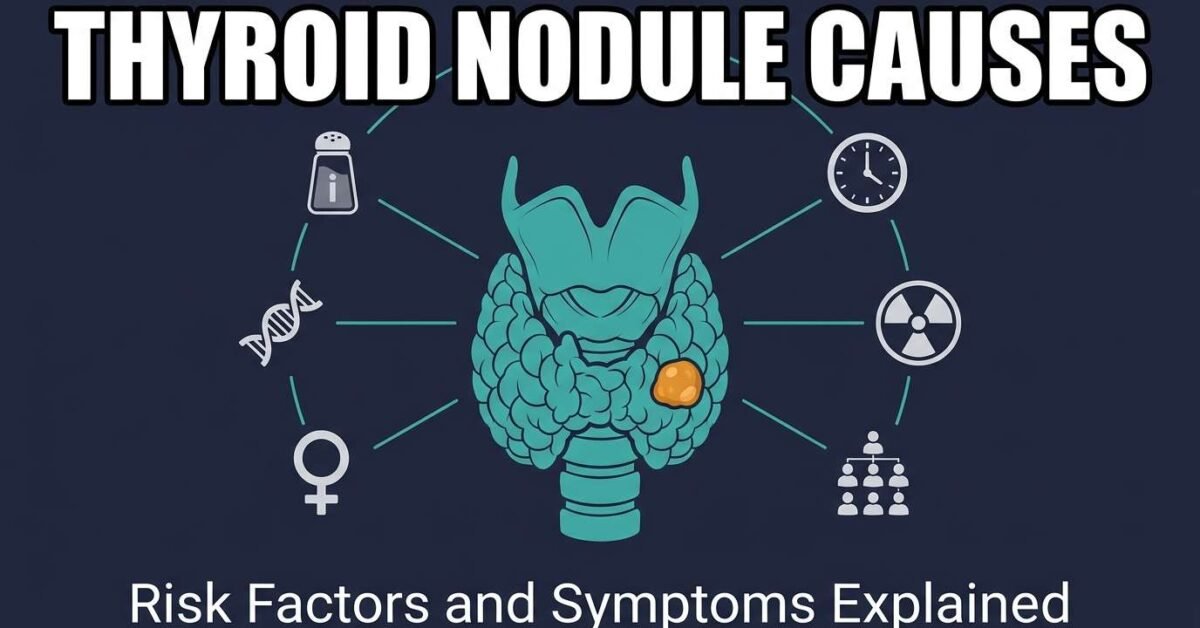 Thyroid nodule causes and symptoms showing risk factors including iodine genetics gender age radiation and family history