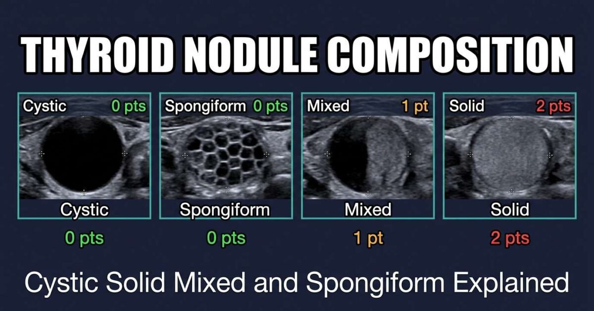 Thyroid nodule composition on ultrasound showing cystic spongiform mixed and solid types with TI-RADS points