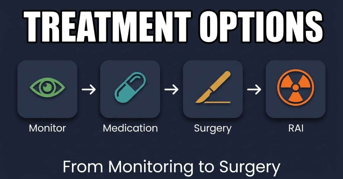 Thyroid nodule treatment options showing monitoring medication surgery and radioactive iodine pathways