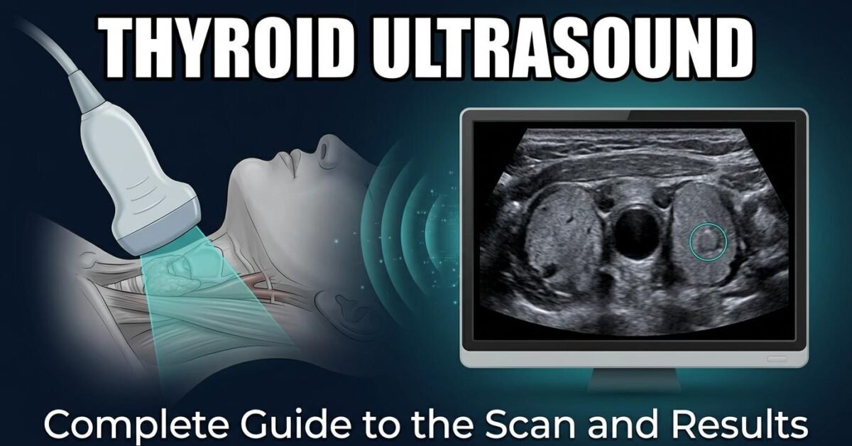 Thyroid ultrasound scan showing probe placement and thyroid gland image on monitor
